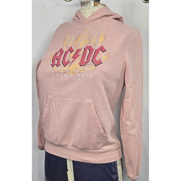 AC/DC Rock Band Hoodie Girls M Pink Hybrid Apparel 1973 Flames Graphic Rock - Picture 1 of 10